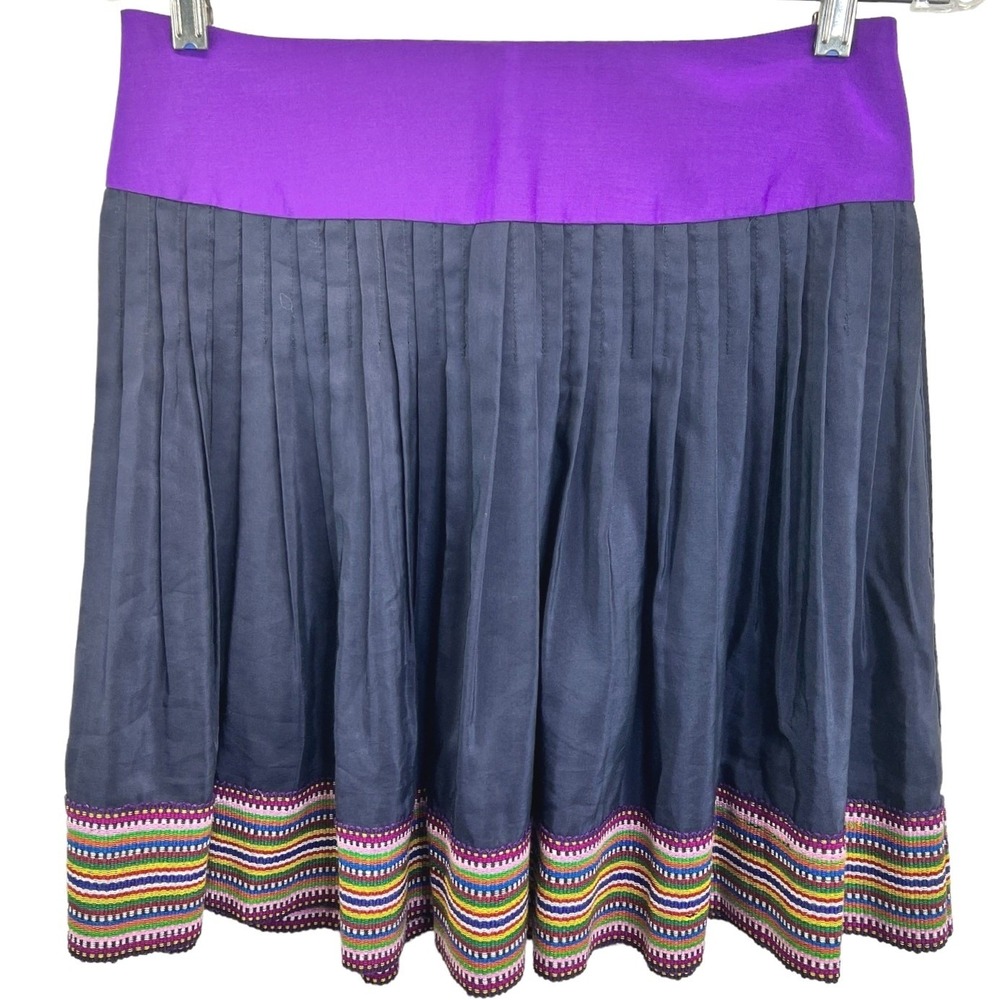 A Common Thread‎ Pleated Mini Skirt S Purple Silk Blend Boho Embroidered Hem